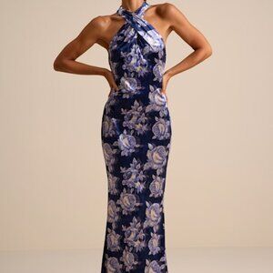 Lulus Celestara Navy Floral Velvet Backless Mermaid Maxi Dress Blue - Size S